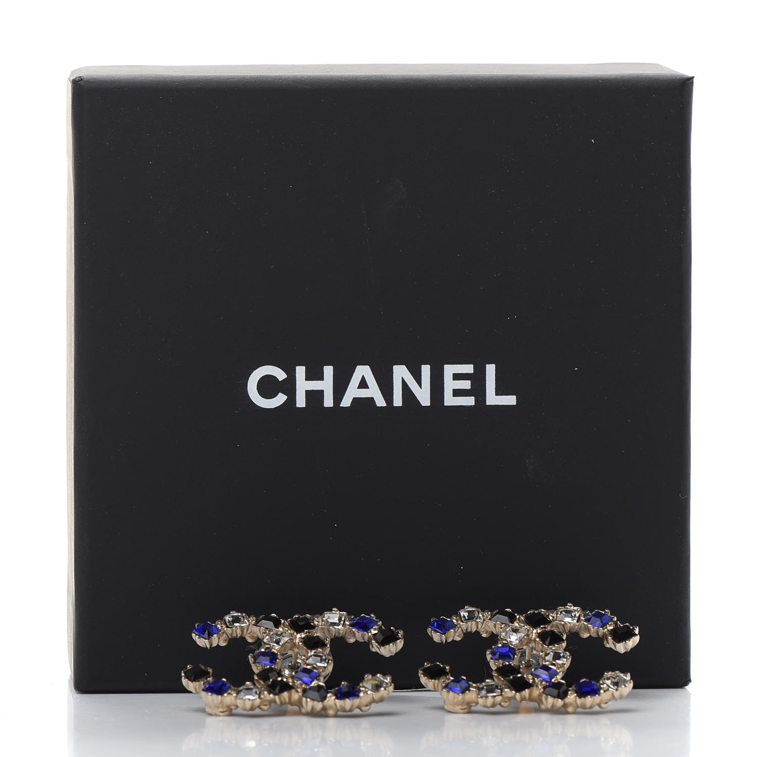 Chanel Crystal CC Earrings Gold Black Blue 5 of 5