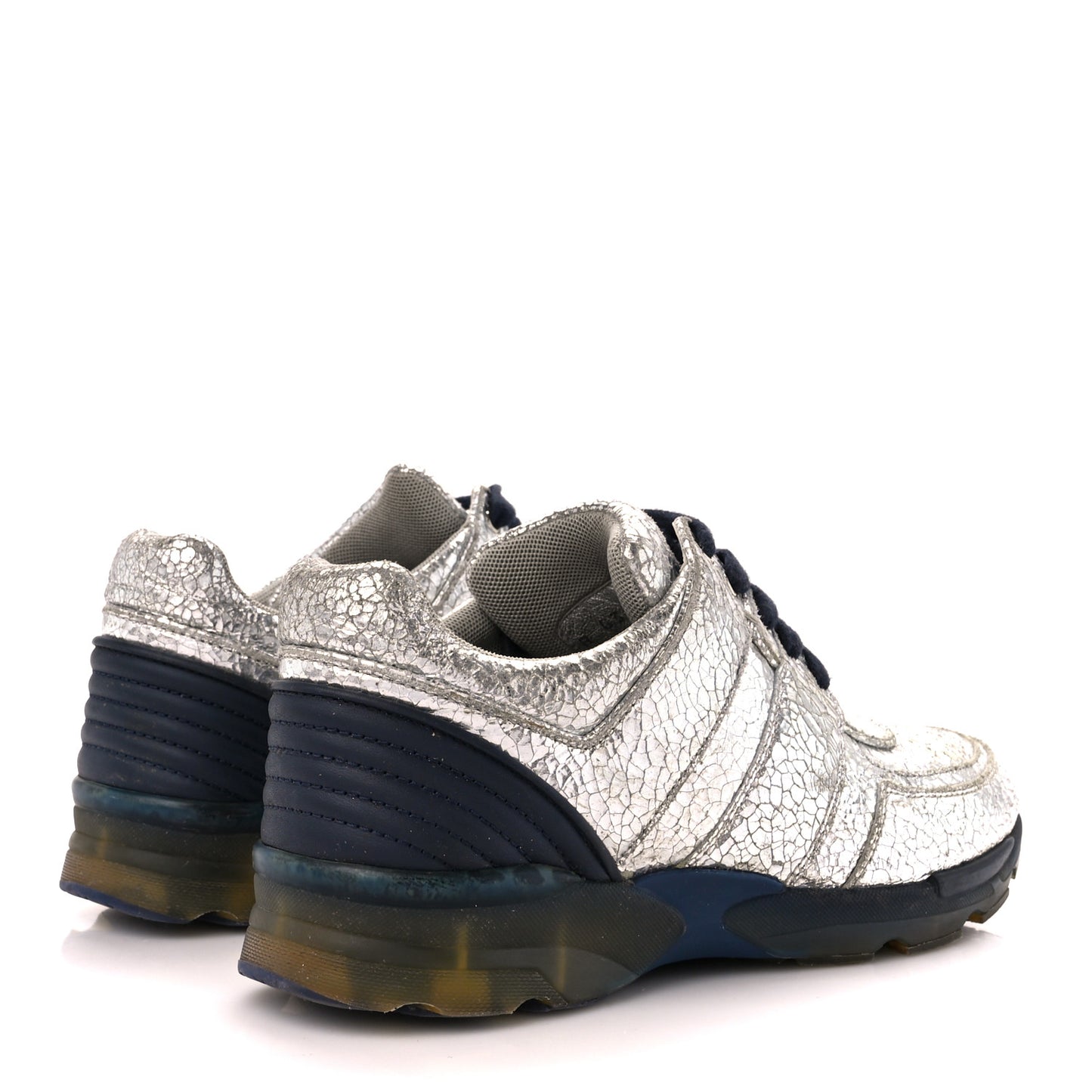 Metallic Crackled Calfskin CC Sneakers 38.5 Silver Black Navy