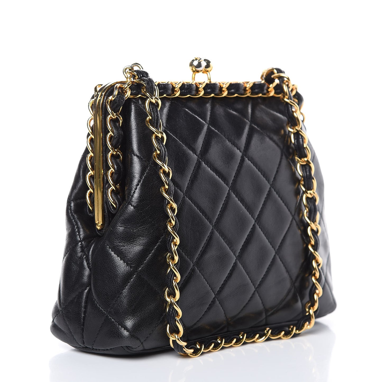 Lambskin Quilted Small Kisslock Evening Bag Black