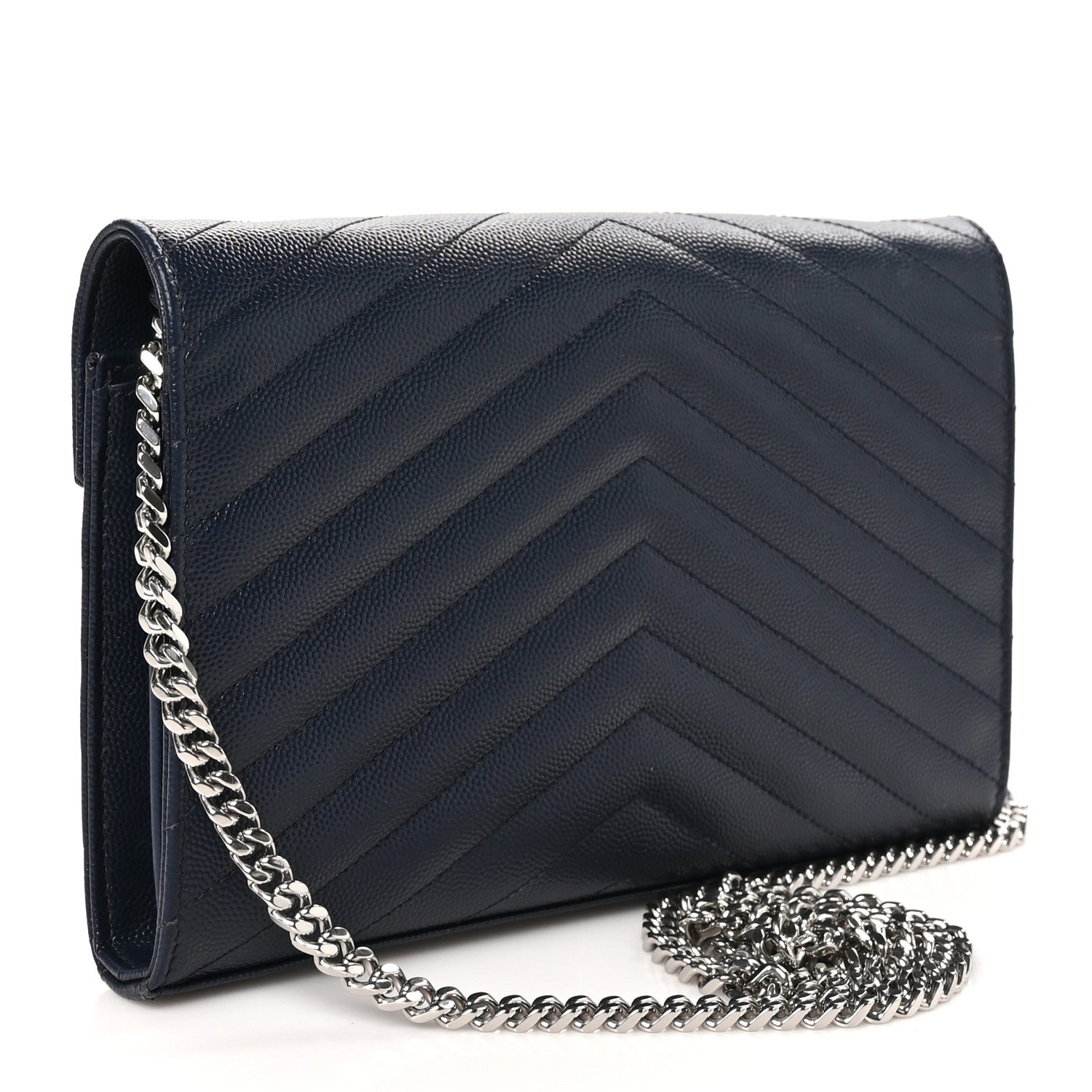 Saint Laurent Grain De Poudre Matelasse Chevron Monogram Chain Wallet Deep Marine 3 of 10