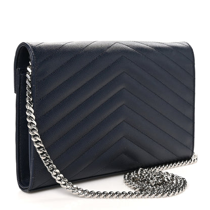 Saint Laurent Grain De Poudre Matelasse Chevron Monogram Chain Wallet Deep Marine 3 of 10