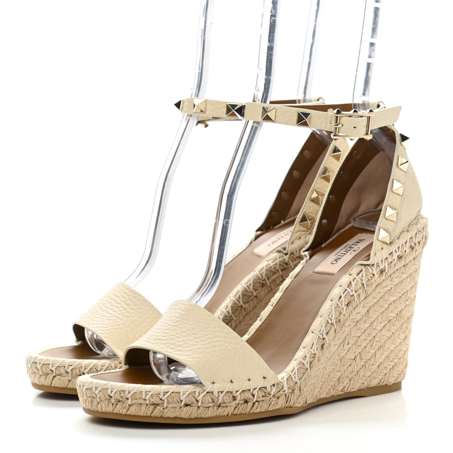 Grained Calfskin Rockstud Ankle Strap Espadrille Wedge Sandals 38 Light Ivory