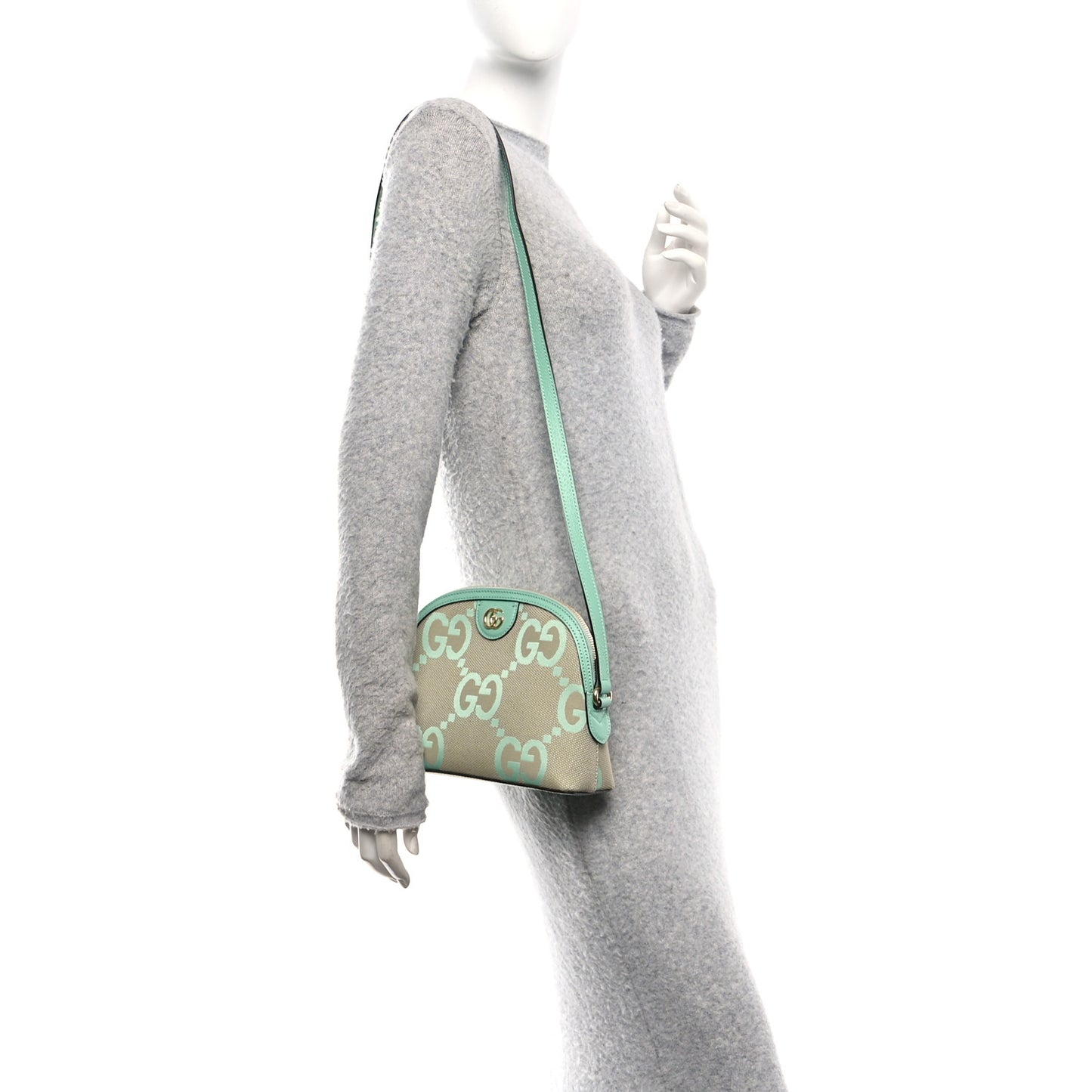 Monogram Jumbo GG Textured Dollar Calfskin Small Ophidia Dome Shoulder Bag Beige Pepperlight Mint
