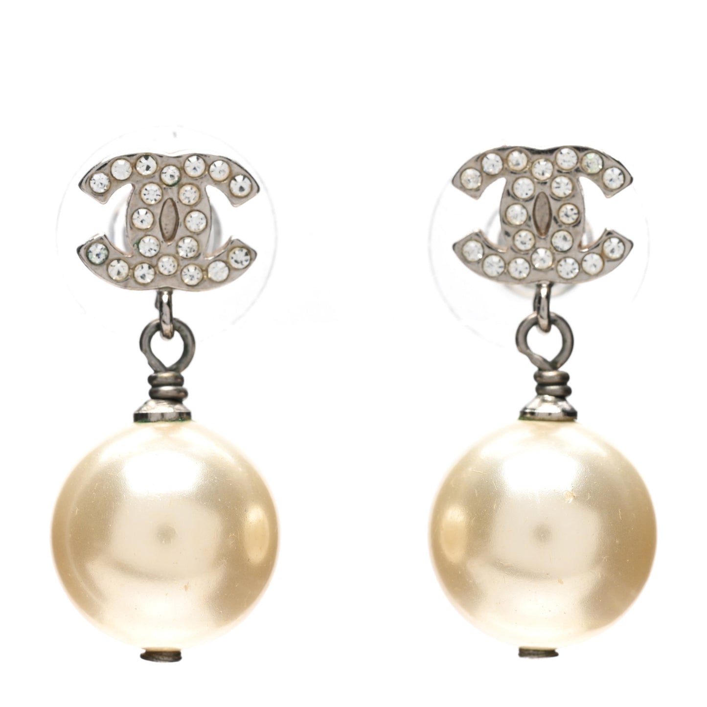 Crystal Pearl CC Drop Earrings Silver Pearly White