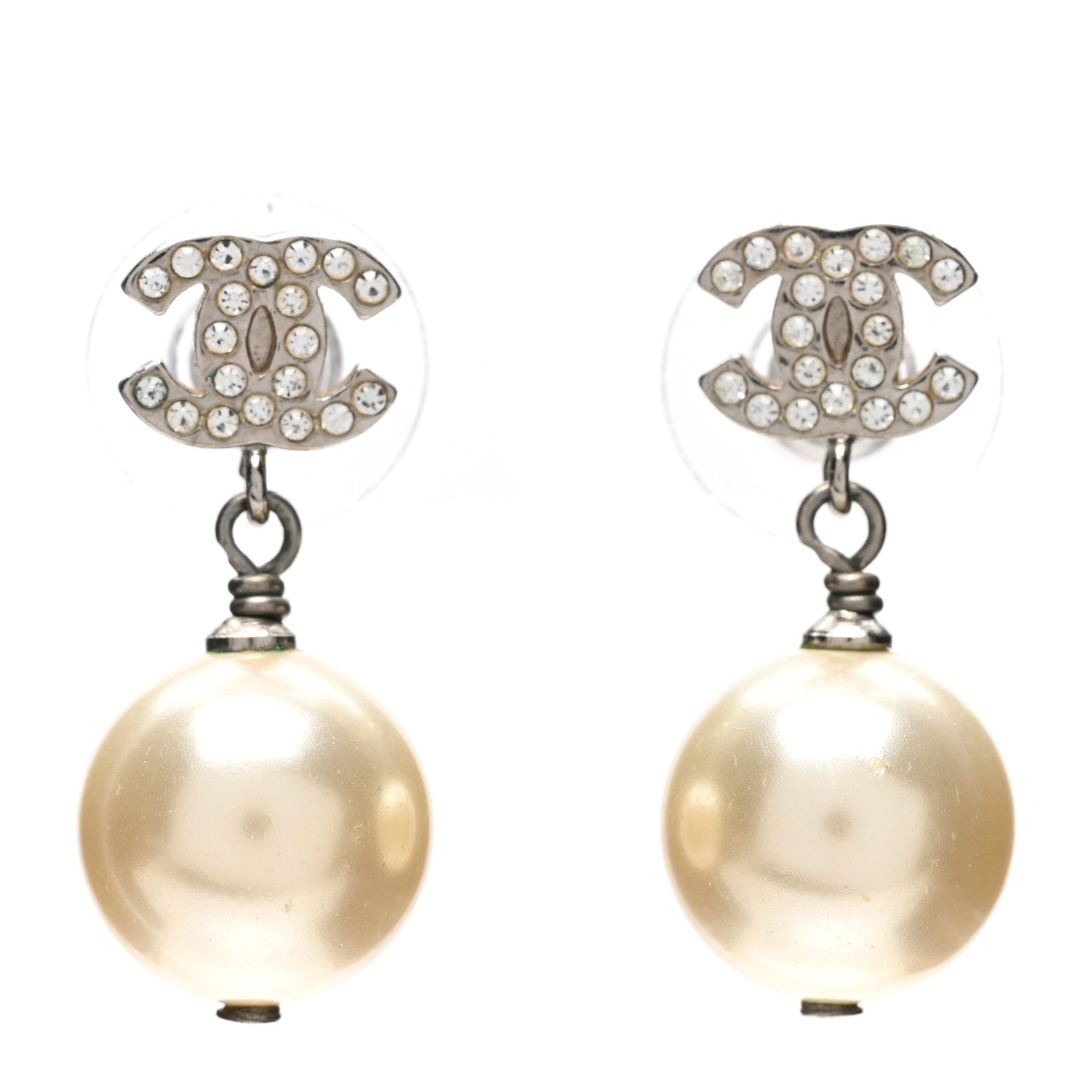 Chanel Crystal Pearl CC Drop Earrings Silver Pearly White 1 of 3