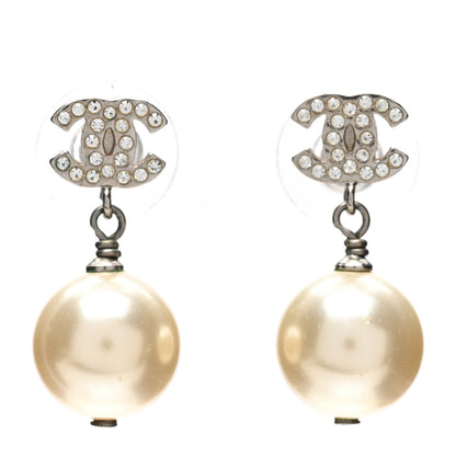 Chanel Crystal Pearl CC Drop Earrings Silver Pearly White 1 of 3