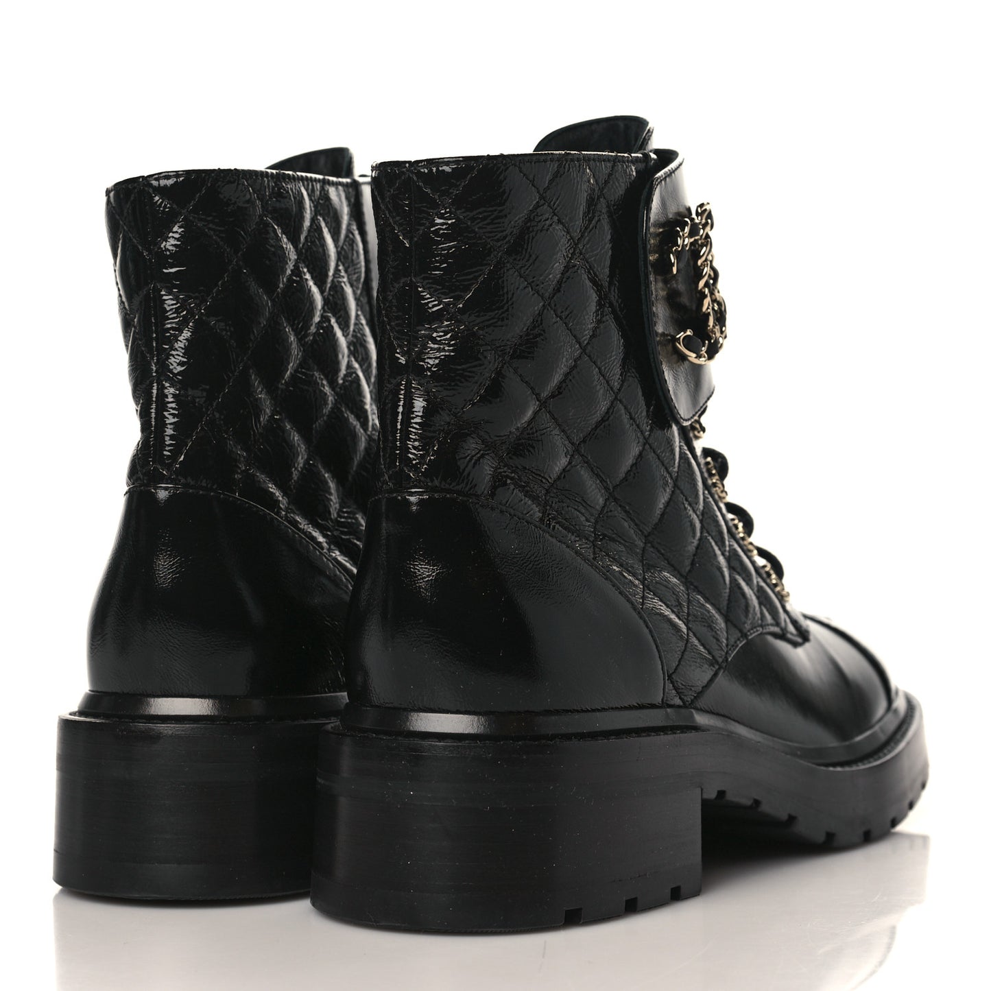 Shiny Goatskin Calfskin Quilted Lace Up Combat Boots 38.5 Black