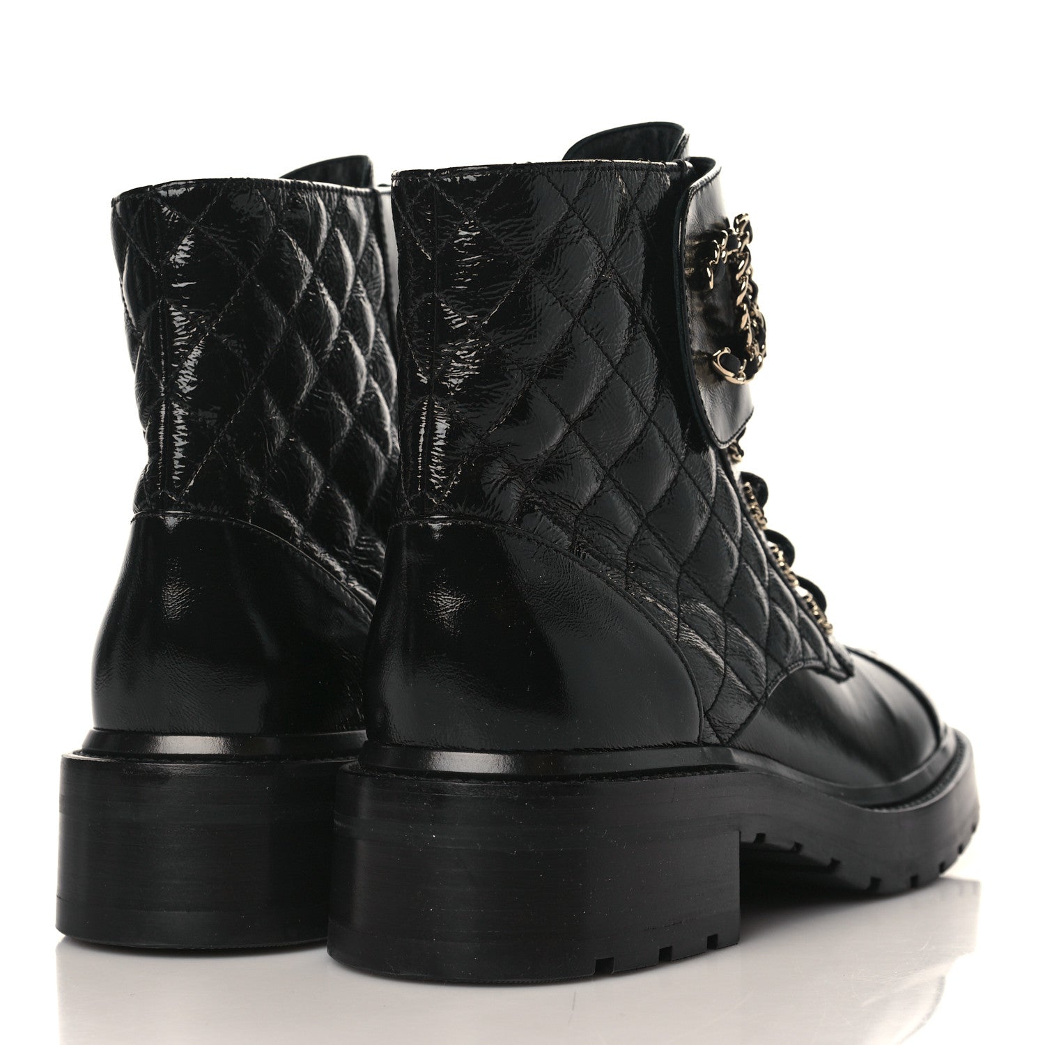 Chanel Shiny Goatskin Calfskin Quilted Lace Up Combat Boots 38.5 Black 4 of 8