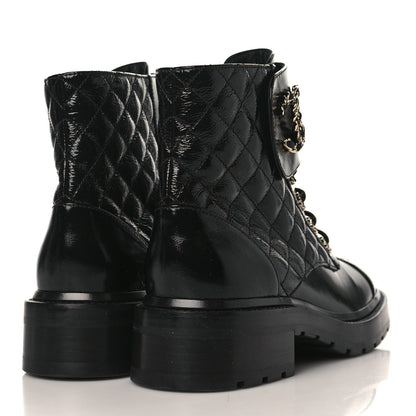 Chanel Shiny Goatskin Calfskin Quilted Lace Up Combat Boots 38.5 Black 4 of 8