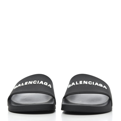 Balenciaga PVC Logo Womens Pool Slide Sandals 38 Black White 2 of 14