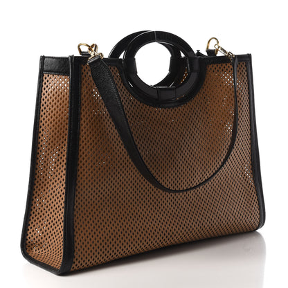 Fendi Vitello Liberty Glossy Lambskin Perforated Medium Runaway Shopper Tote Sand Mimosa Black 3 of 9