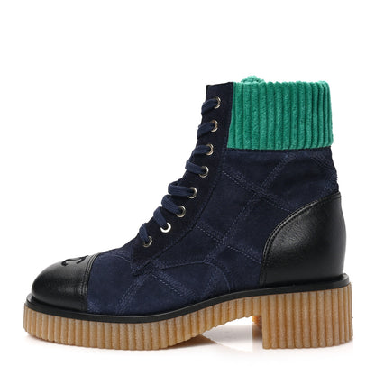 Chanel Suede Calfskin Velvet Quilted CC Combat Boots 38.5 Navy Green Black 1 of 7