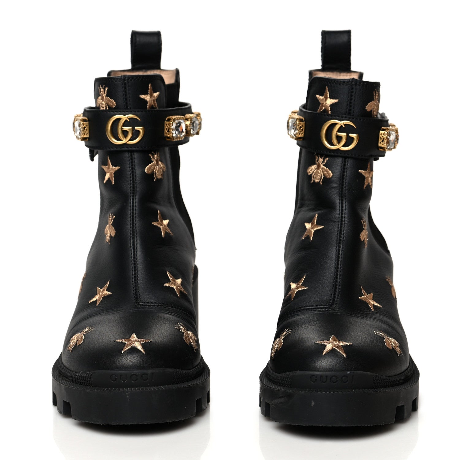 Gucci Calfskin Bee Star Embroidered Belt Ankle Boots 37 Black 2 of 9