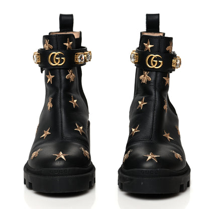 Gucci Calfskin Bee Star Embroidered Belt Ankle Boots 37 Black 2 of 9