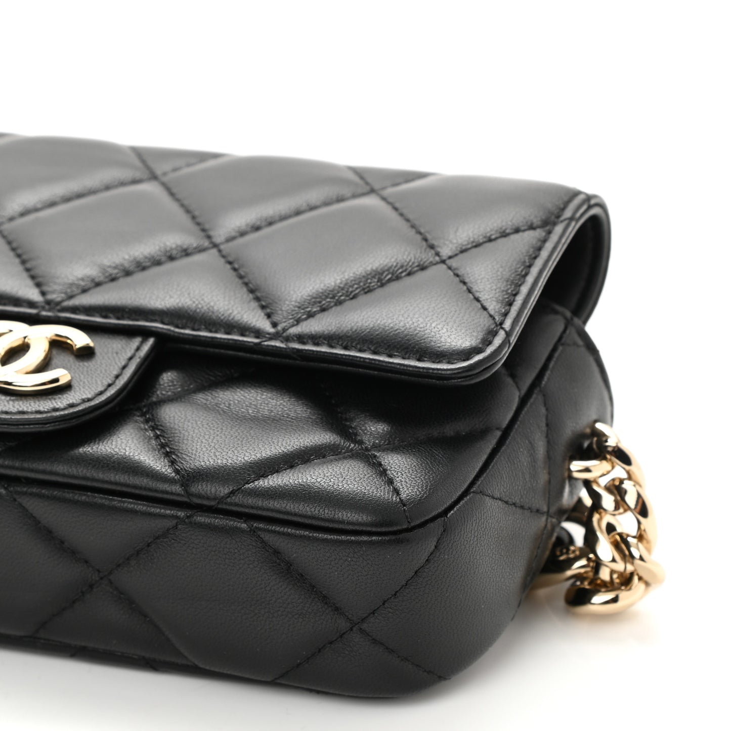 Lambskin Quilted Resin Bi-Color Flap Phone Holder With Chain Black