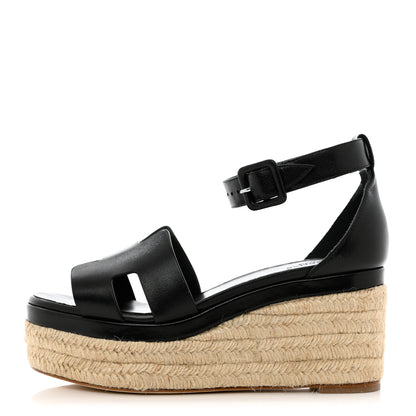 Hermes Goatskin Elda Espadrille Wedge Sandals 37 Black 1 of 11