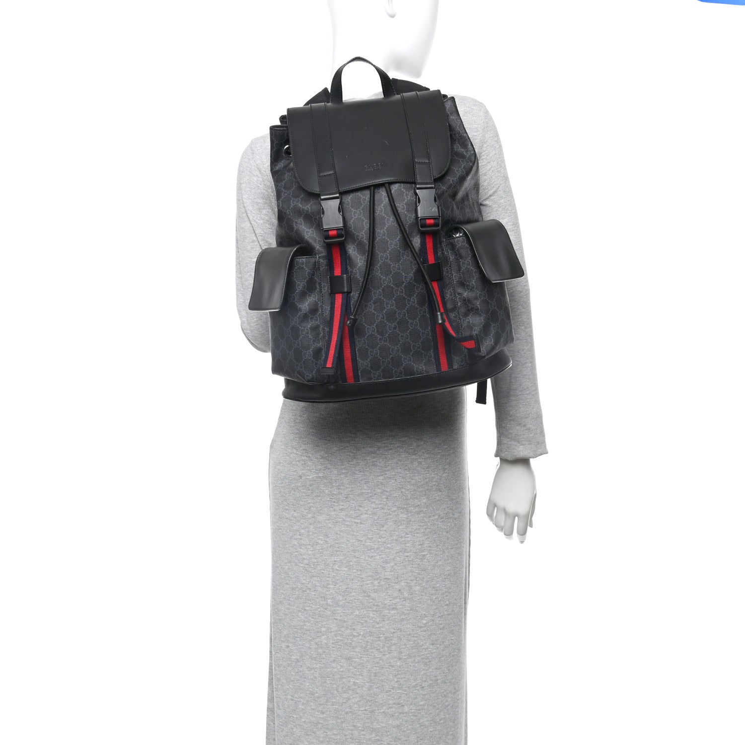 Gucci Soft GG Supreme Monogram Calfskin Web Double Buckle Backpack Black 2 of 12