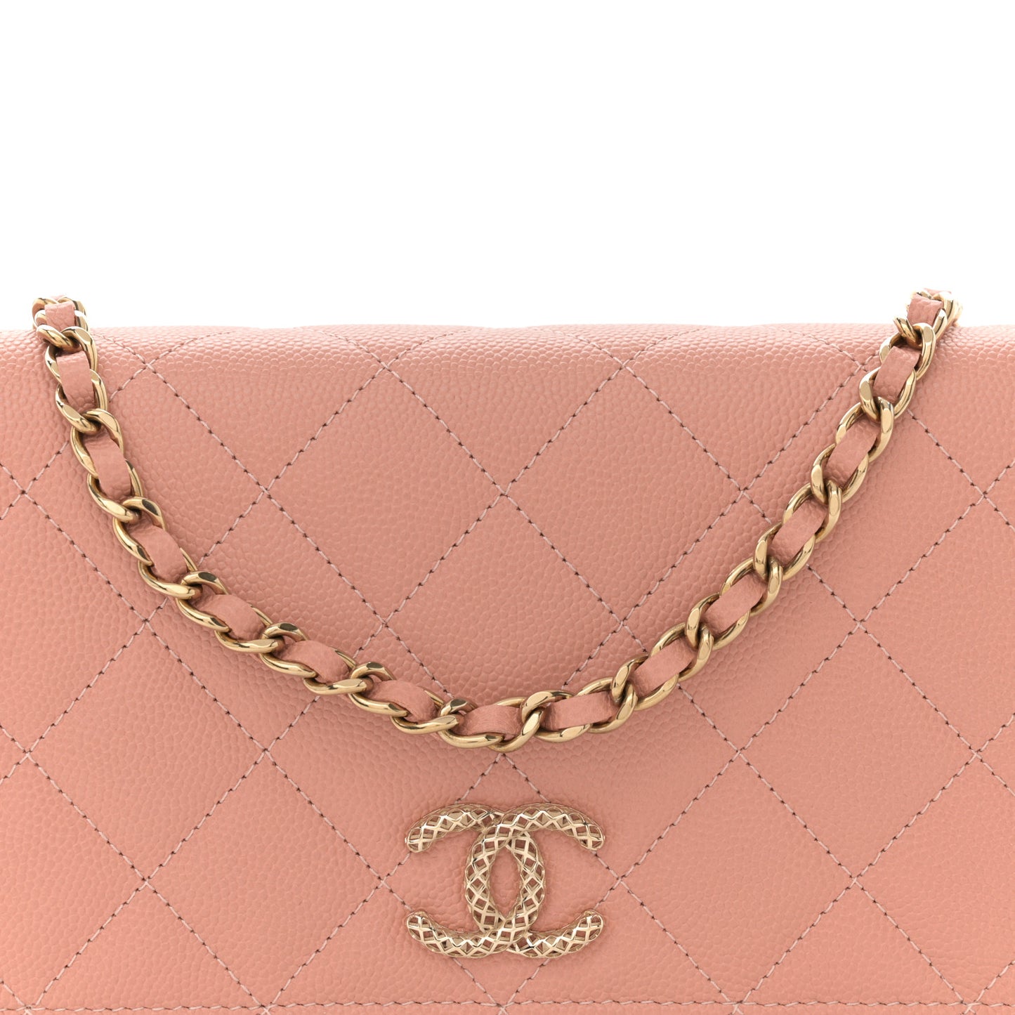 Caviar Quilted Perforated Metal CC Wallet On Chain WOC Beige