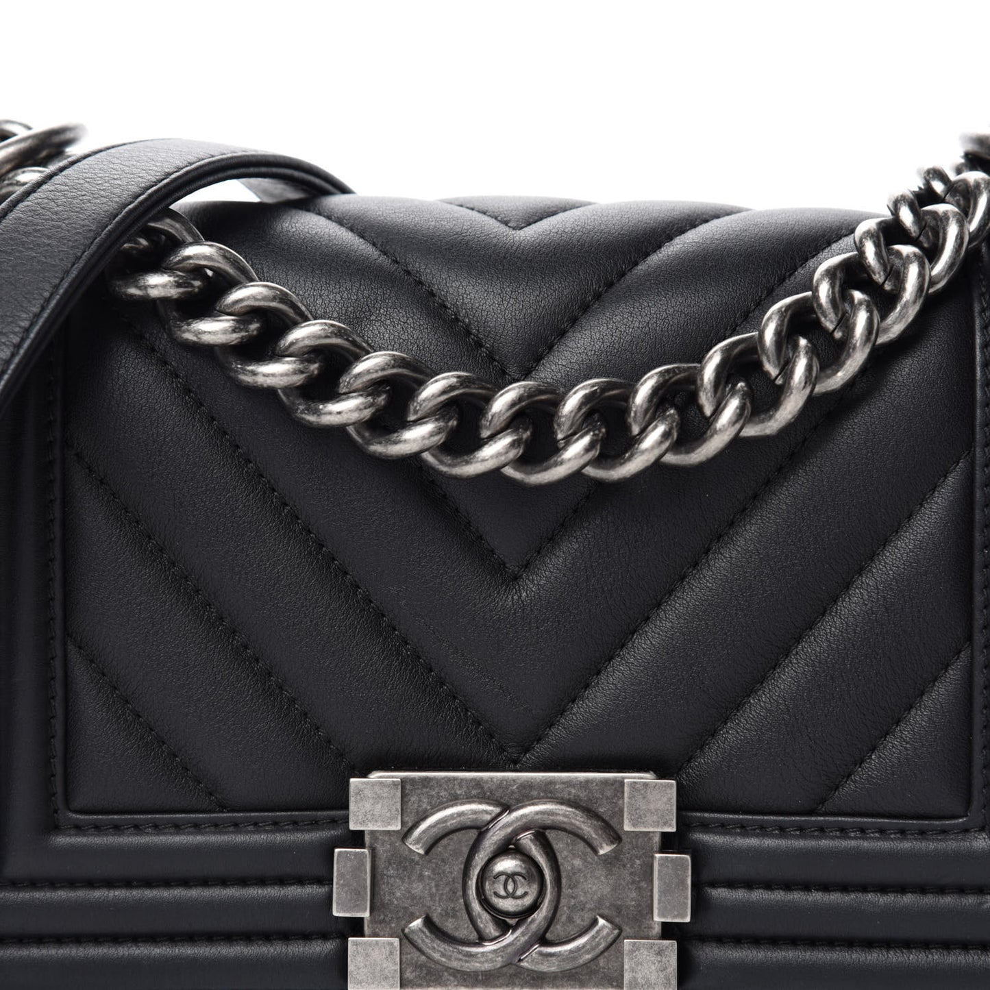 Calfskin Chevron Quilted Small Boy Flap Black