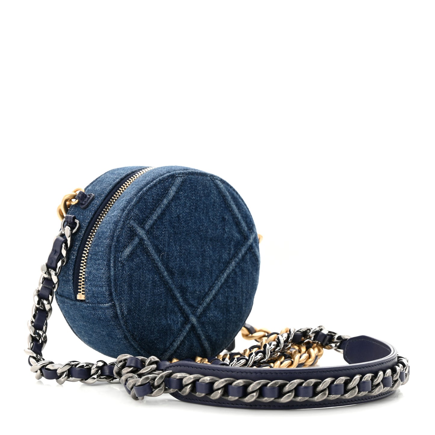 Denim Quilted Chanel 19 Round Clutch With Chain Blue