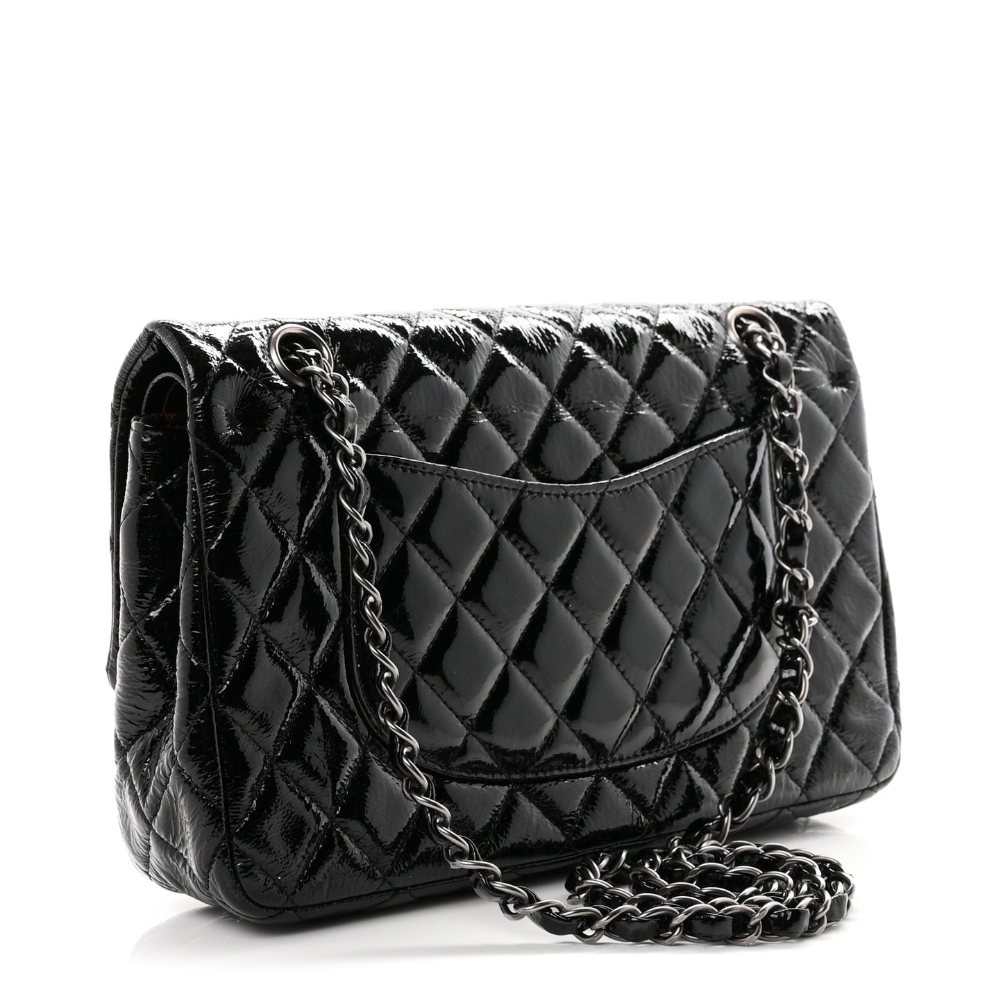Crumpled Patent Quilted Medium Double Flap Black