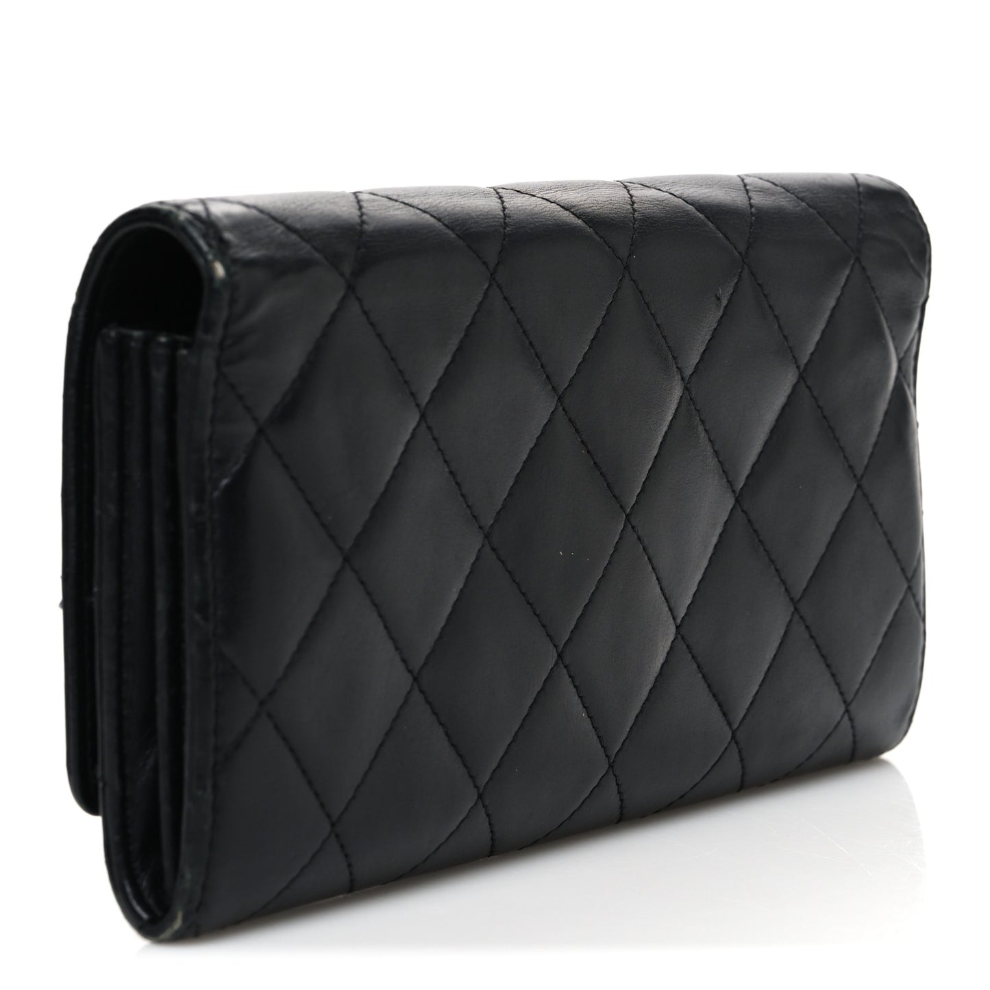 Calfskin Quilted Cambon Gusset Flap Wallet Black