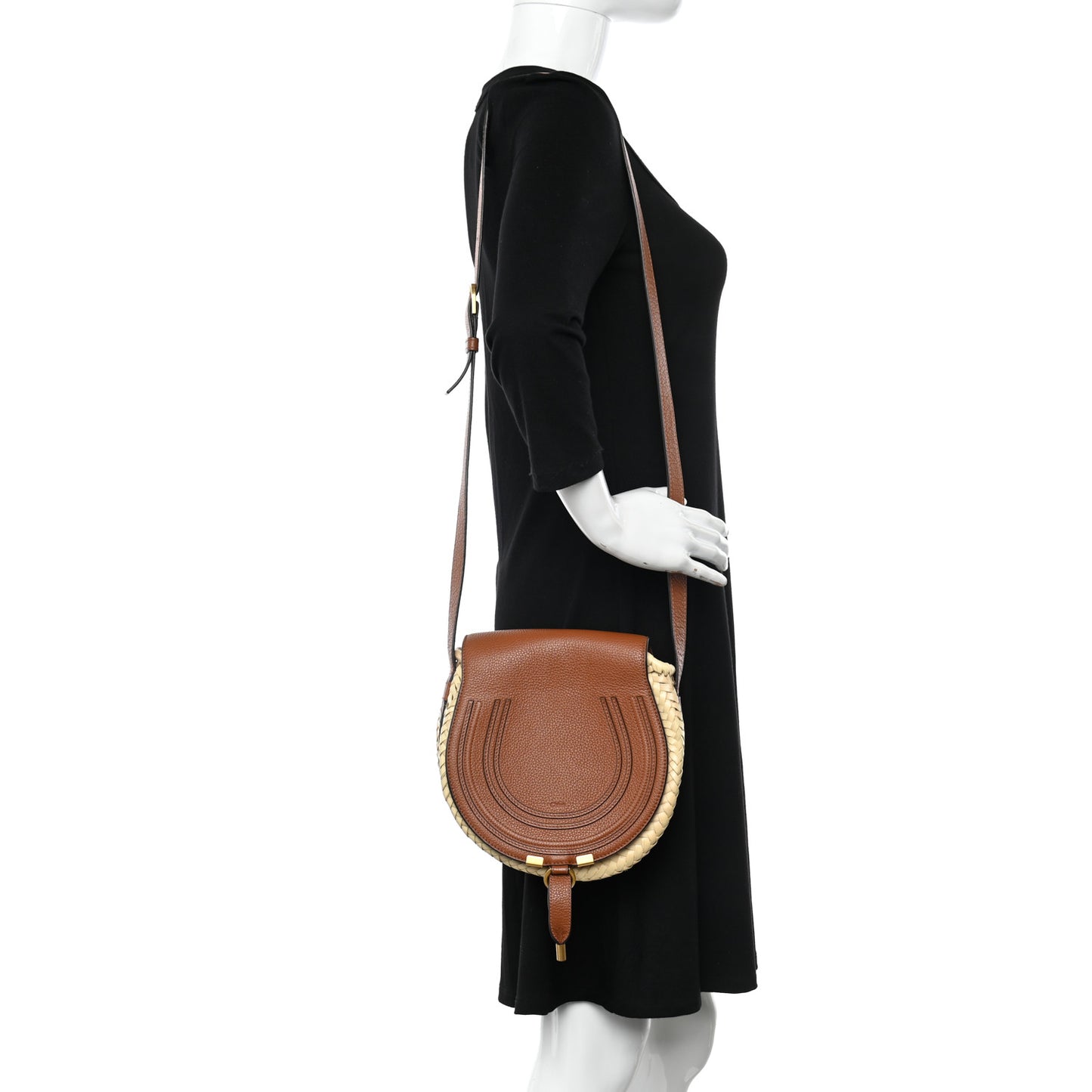 Raffia Small Grain Calfskin Small Marcie Basket Crossbody Tan