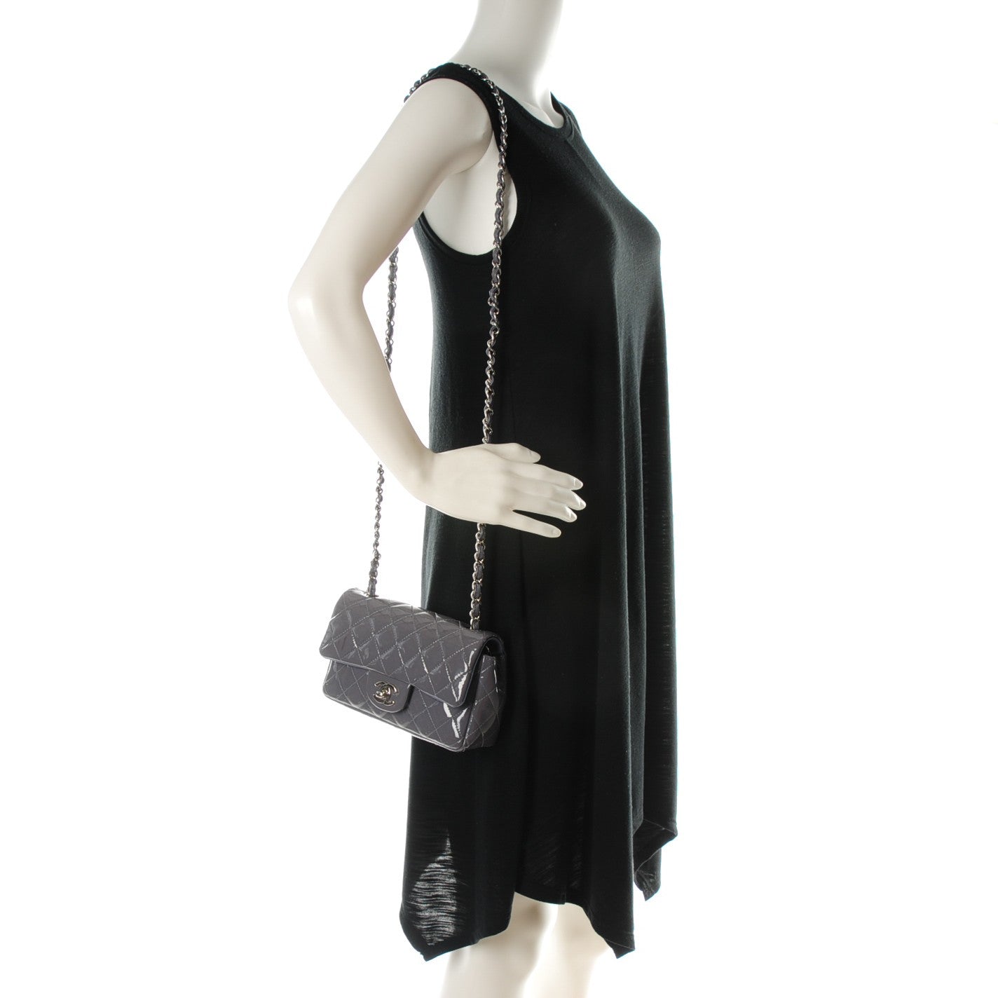Patent Calfskin Quilted Mini Rectangular Flap Grey