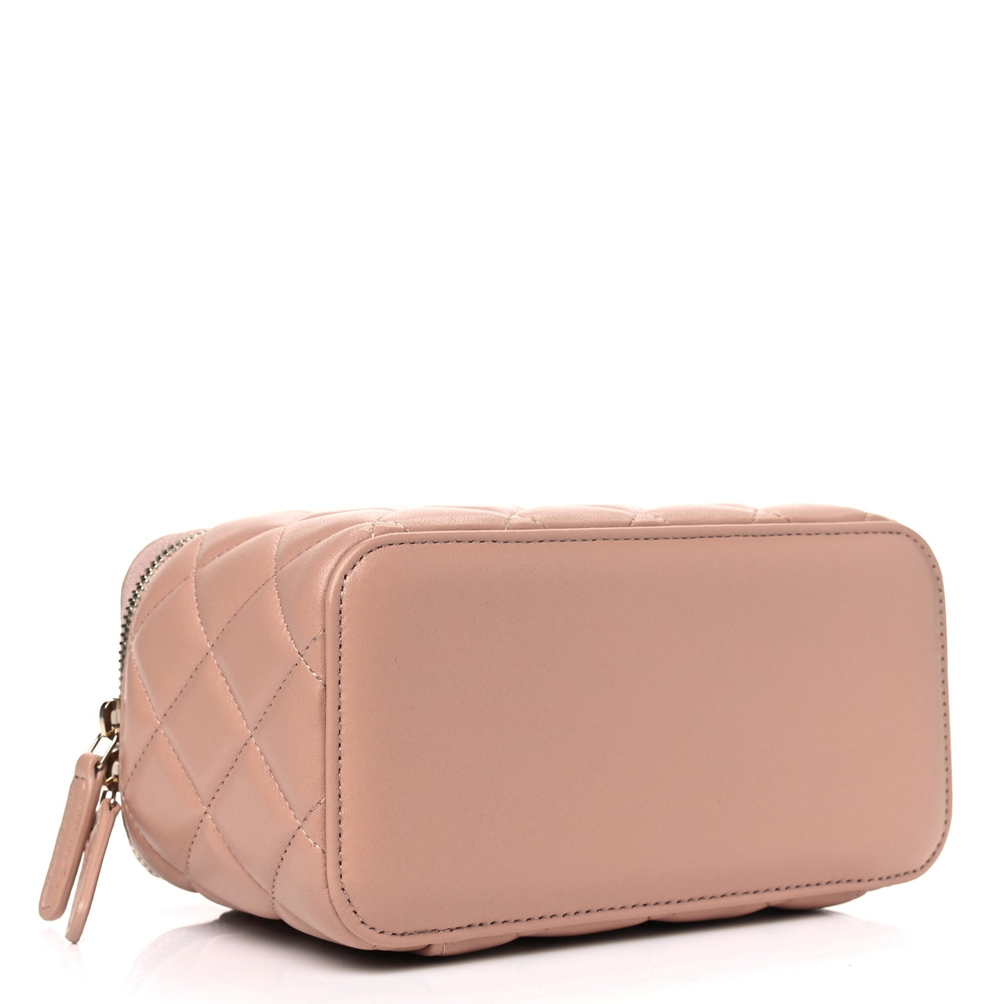 Lambskin Quilted Small Top Handle Vanity Case With Chain Beige