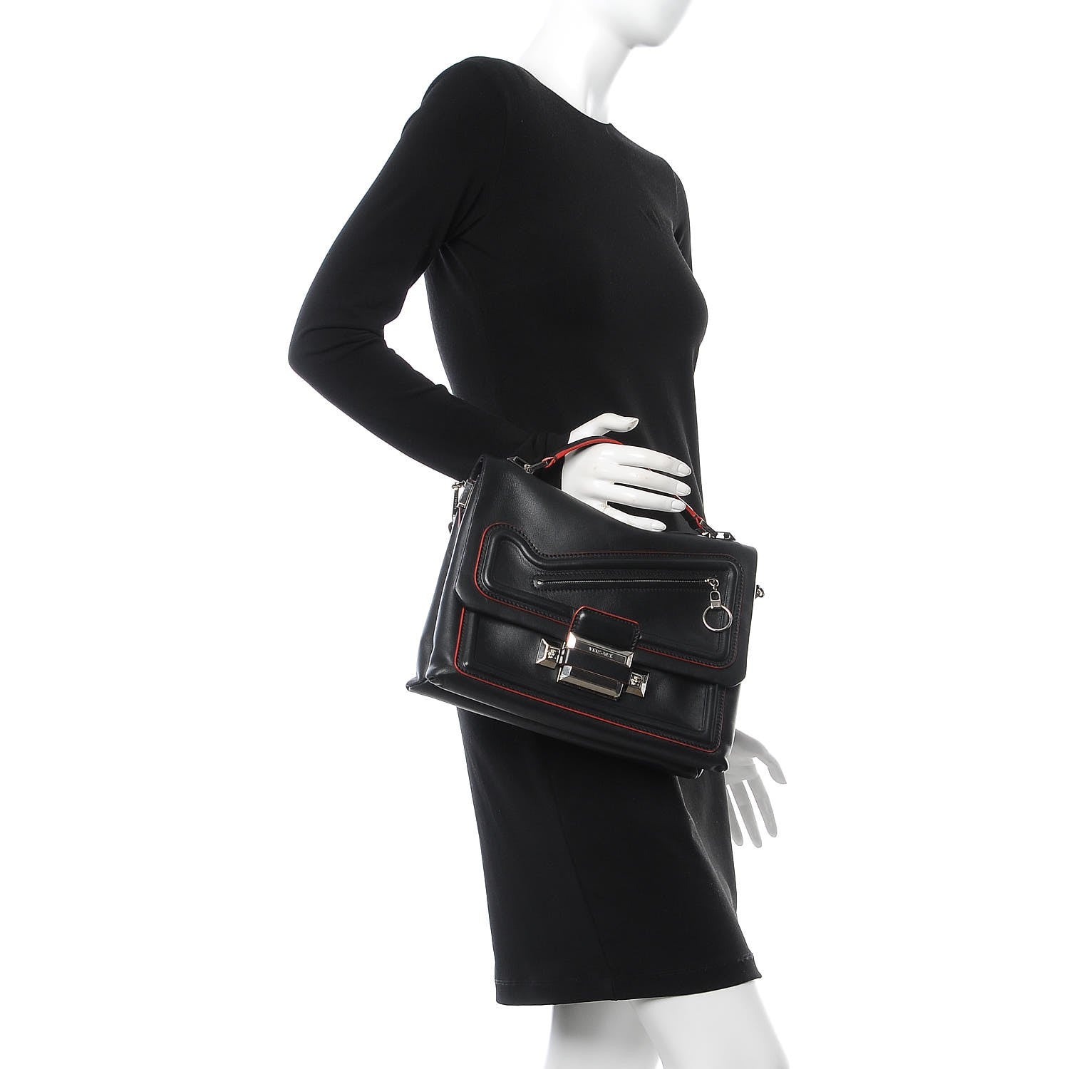 Versace Calfskin Palazzo Shoulder Bag Black Red 3 of 15
