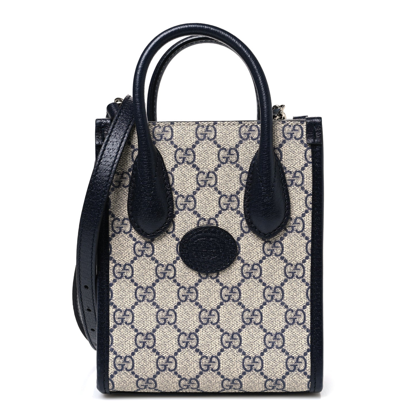 GG Supreme Monogram Textured Dollar Calfskin Mini Retro Interlocking G Tote Bag Beige Blue