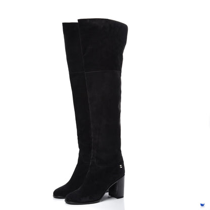 Chanel Suede Calfskin CC Over The Knee Boots 39 Black 3 of 10