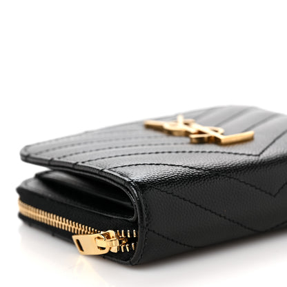 Saint Laurent Grain De Poudre Matelasse Chevron Monogram Compact Zip Around Wallet Black 8 of 9
