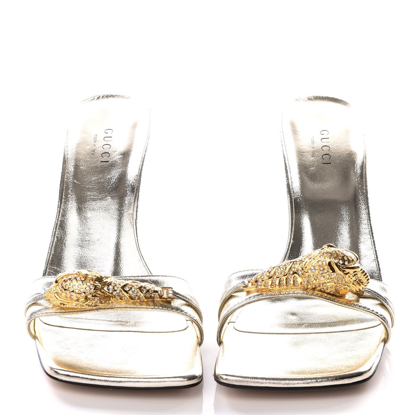 Metallic Nappa Dora Tiger Head Mid Heel Slide Sandals 36.5 Gold