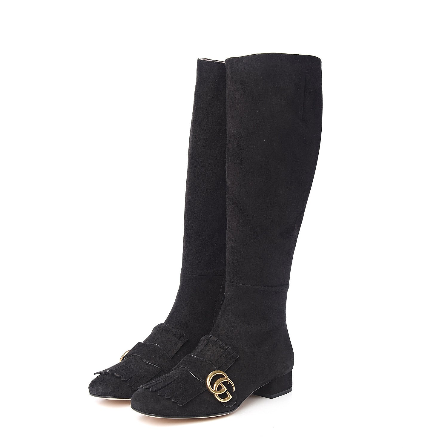 Gucci Kid Scamosciato GG Marmont Fringe Knee High Boots 37.5 Black 3 of 7