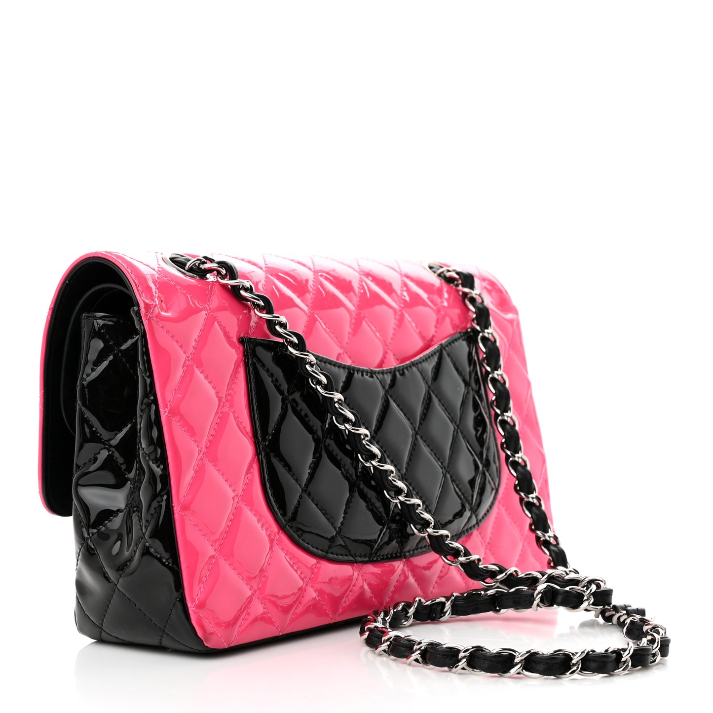 Patent Calfskin Quilted Bi-Color Medium Double Flap Pink Black