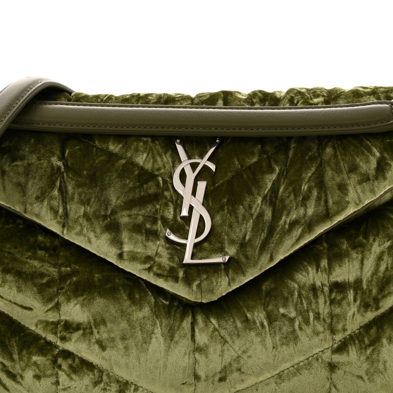 Saint Laurent Crushed Velvet Quilted Small Loulou Puffer Monogram Chain Satchel Green 8 of 11