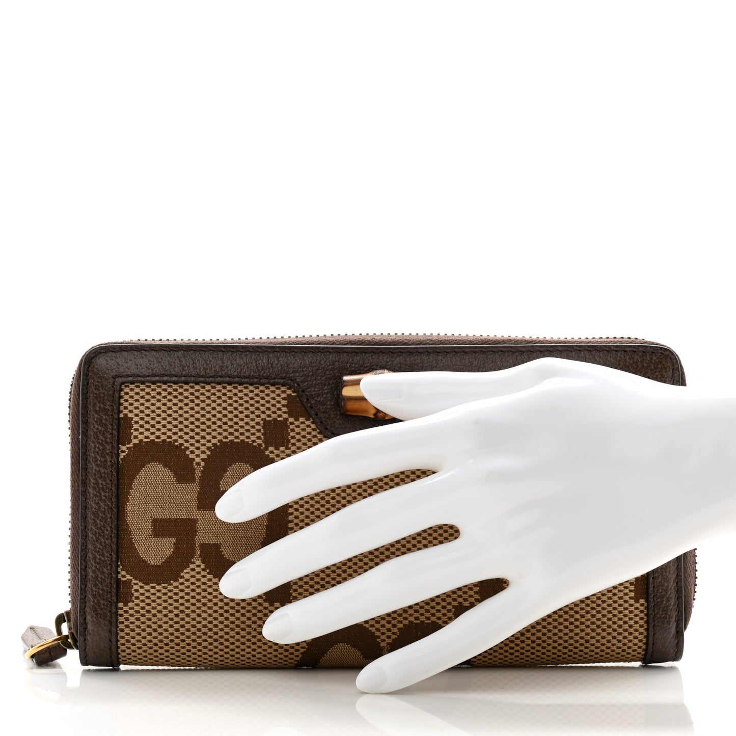 Monogram Jumbo GG Textured Dollar Calfskin Diana Zip Around Continental Wallet Camel Ebony New Acero