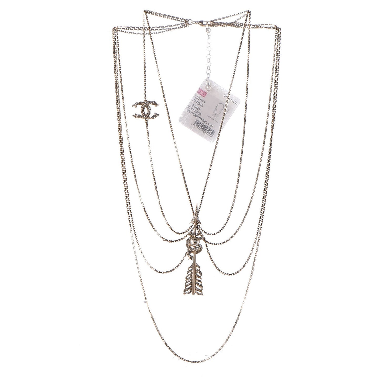 Crystal Pearl Multi Strand Chain CC Arrow Necklace Gold