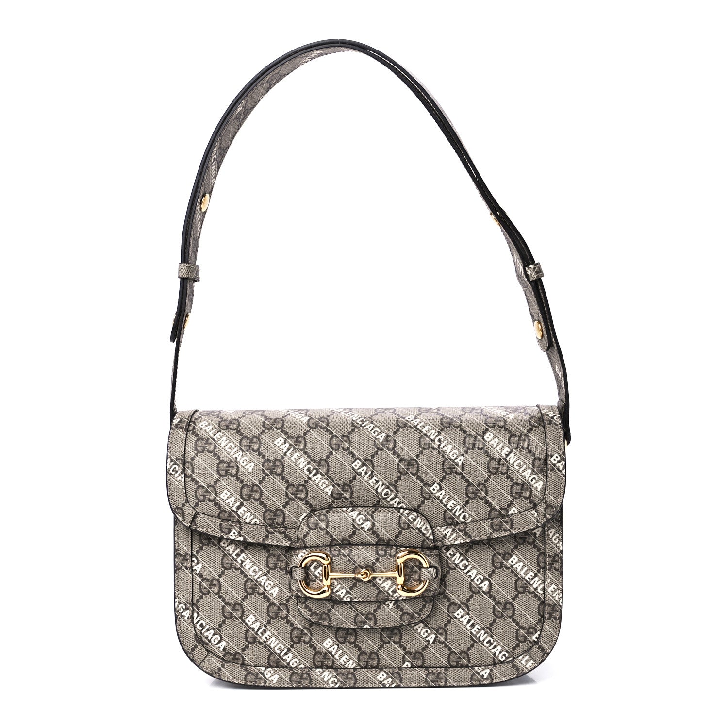 Gucci X BALENCIAGA GG Supreme Monogram Logo Print Horsebit 1955 Shoulder Bag Beige Ebony 1 of 11