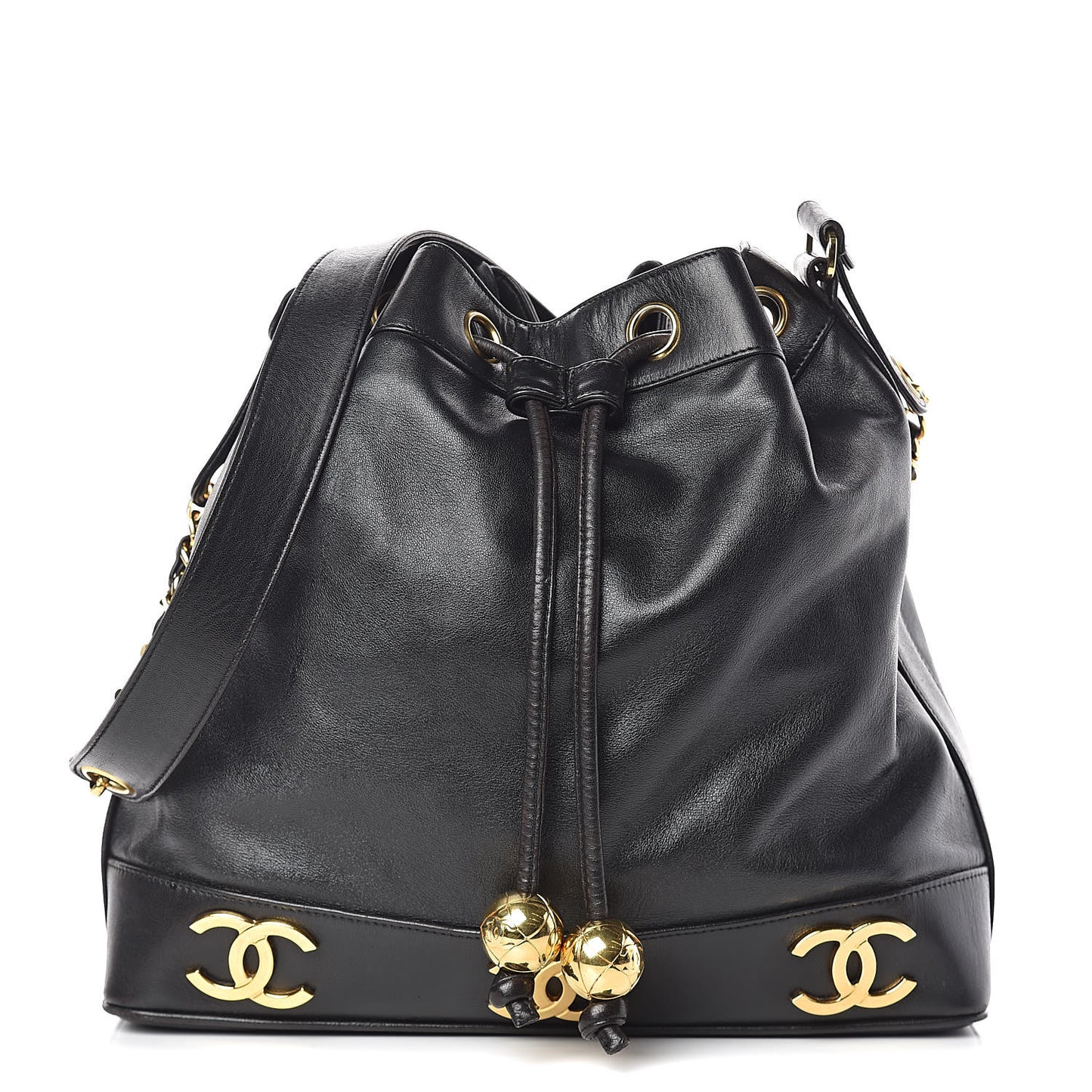 Lambskin CC Drawstring Shoulder Bag Black