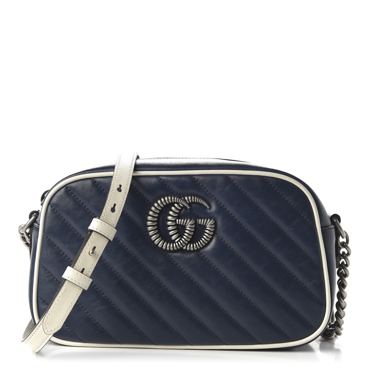Vintage Effect Calfskin Matelasse Diagonal Small Torchon GG Marmont Chain Shoulder Bag Blue Agata Mystic White