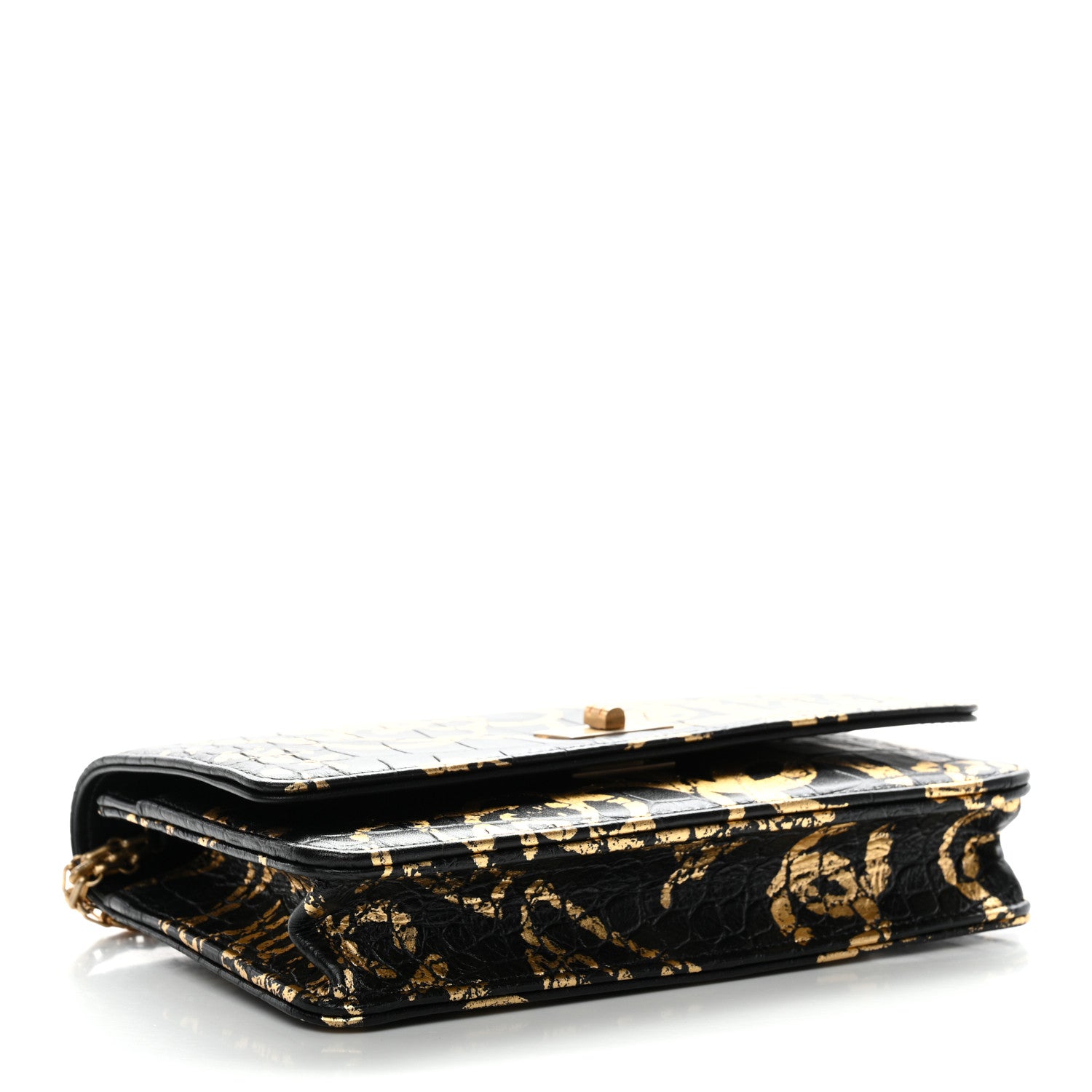 Chanel Calfskin Crocodile Embossed Graffiti 2.55 Cocodile Reissue Wallet On Chain WOC Black Gold 10 of 31