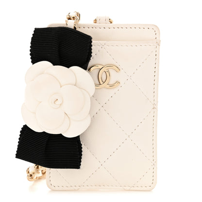 Chanel Lambskin Quilted Camellia Bow Card Holder On Chain White 1 of 11