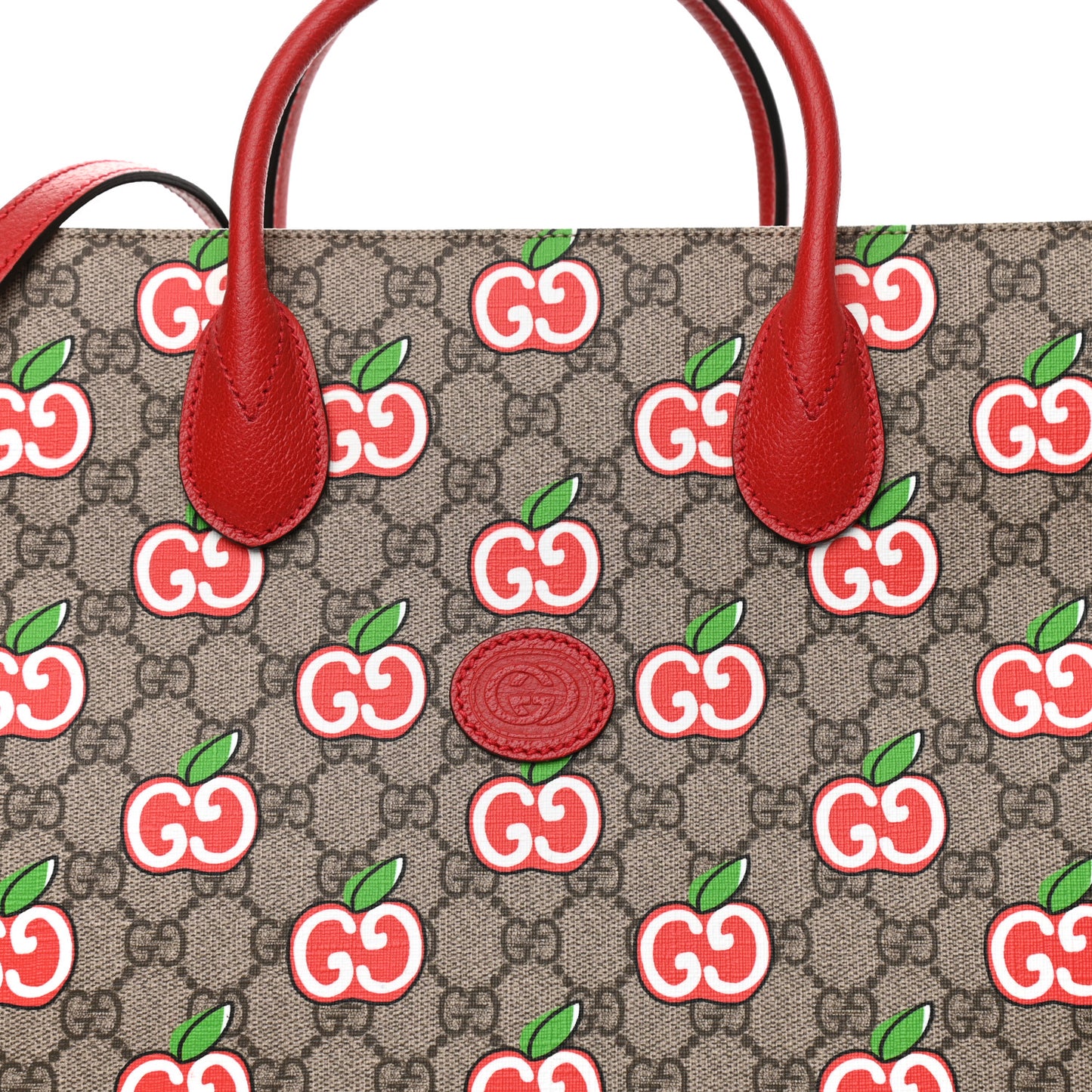 GG Supreme Monogram Apple Dollar Calfskin Large Retro Interlocking G Tote Bag Beige Ebony Multicolor Lobster Red