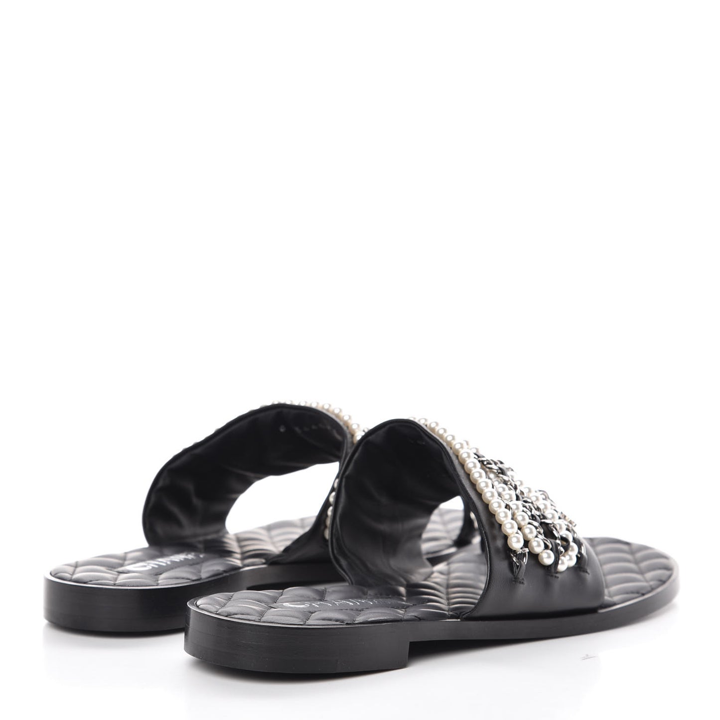Pearl Lambskin Chain Flat Sandals 41 Black