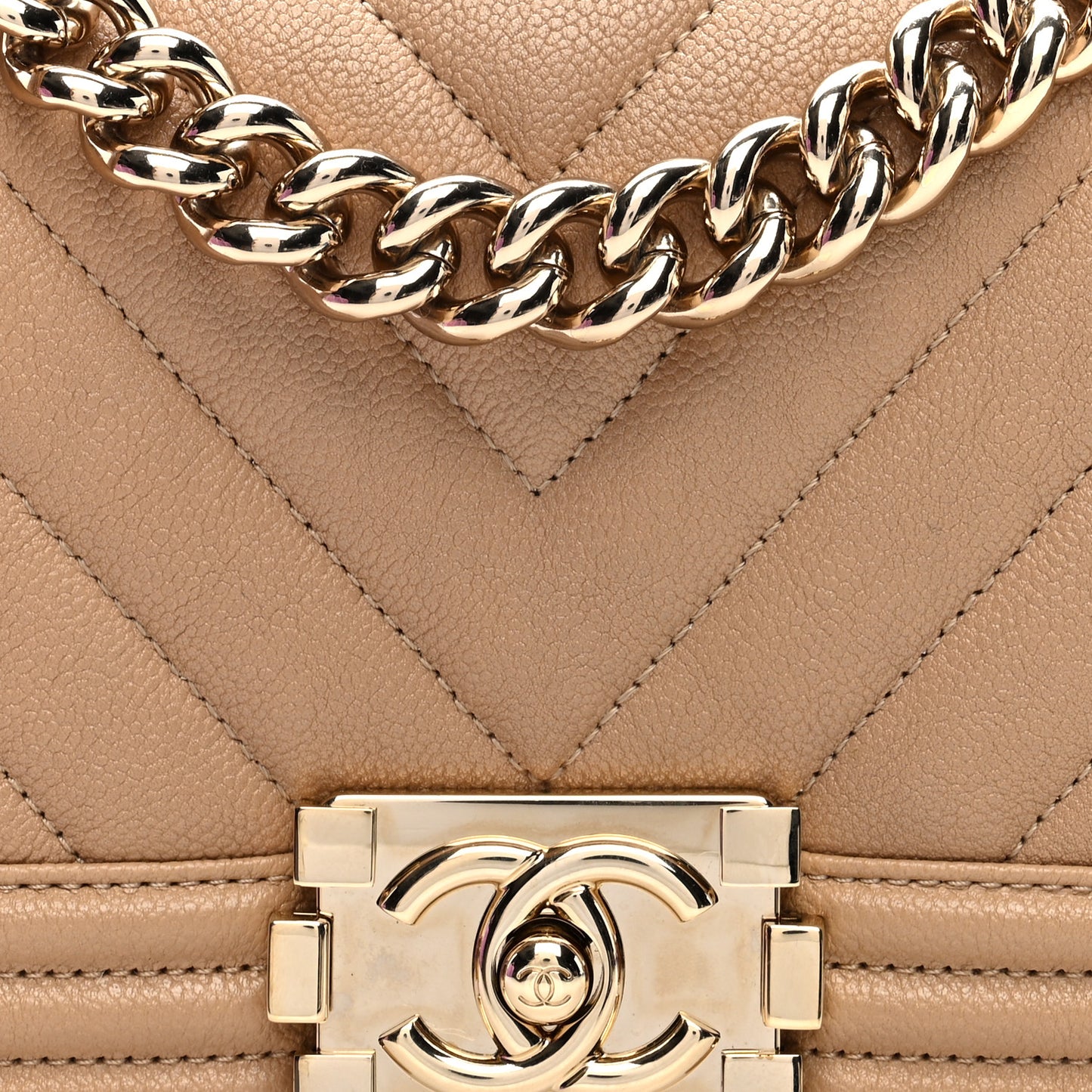 Caviar Chevron Quilted Small Boy Flap Beige