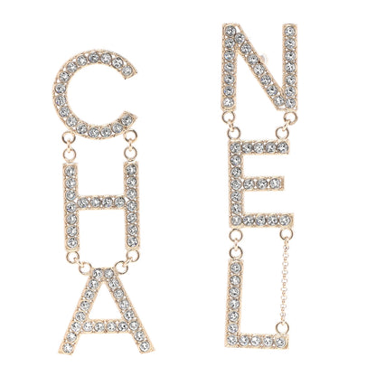 Chanel Crystal Cha-Nel Logo Drop Earrings Gold 1 of 4