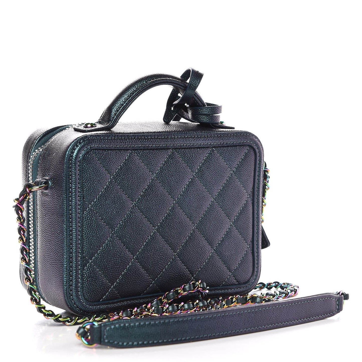 Iridescent Caviar Quilted Small CC Filigree Vanity Case Dark Turquoise