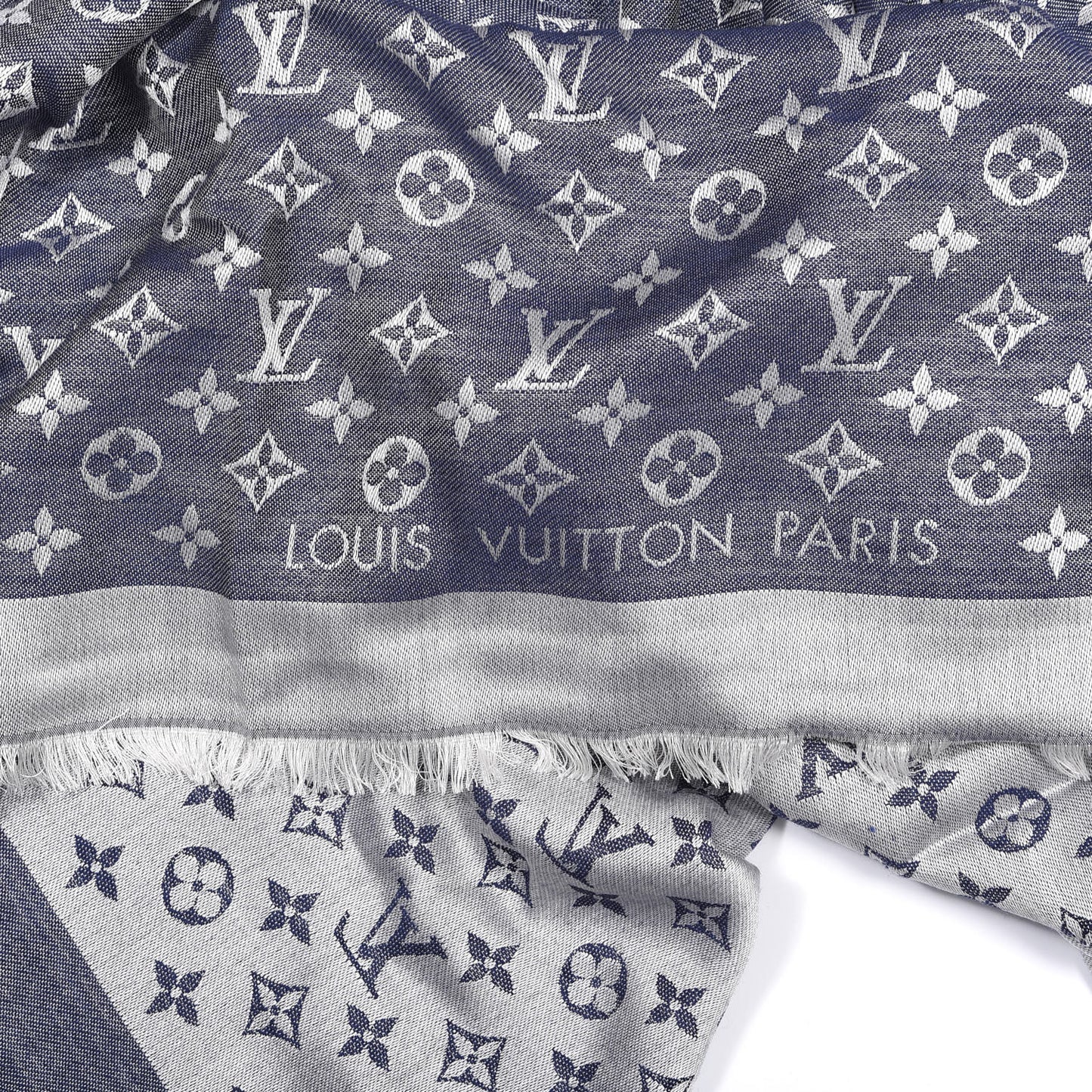 Wool Silk Monogram Denim Shawl Blue